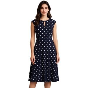 Lauren Ralph Lauren Navy Polka Dot A-Line Dress Size 6 Stretch Retro Pin Up
